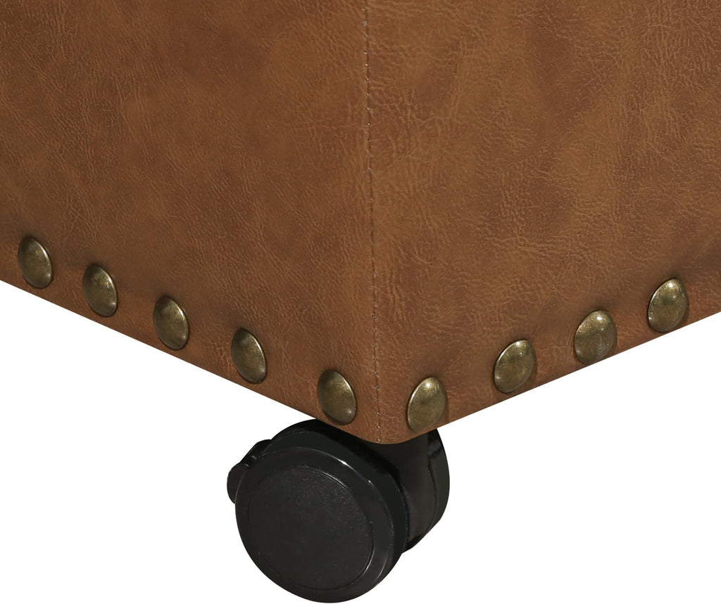 Leather Storage Ottoman,24’’Foot Rest Ottomans with Wheels and Hinged Lid Rectangle Upholstered Foot Stools Nailhead Trim for Living Room Bedroom,Vintage Golden Brown