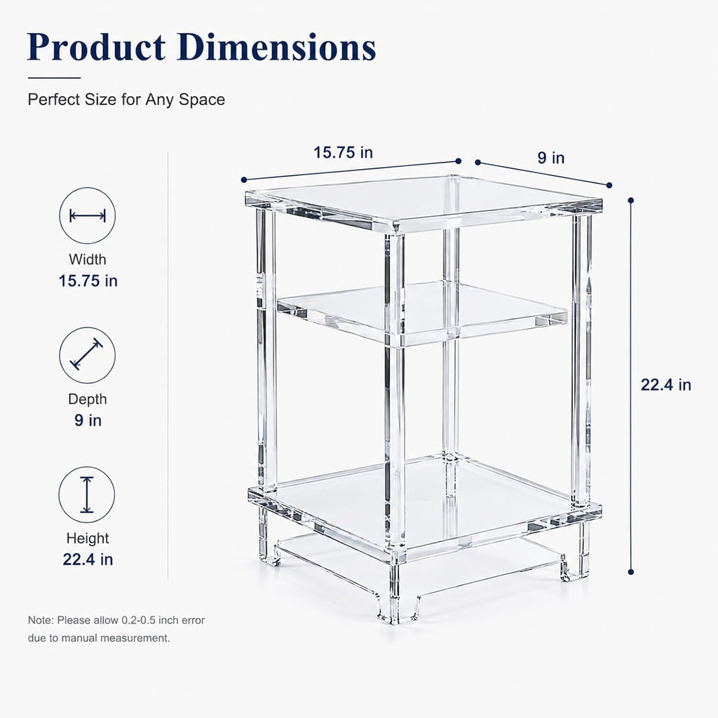 Thick Acrylic Side Shelf Table, 3-Tier Narrow Clear Acrylic End Table Nightstand, Square Transparent Small Coffee Table for Living Room Bedroom Small Space