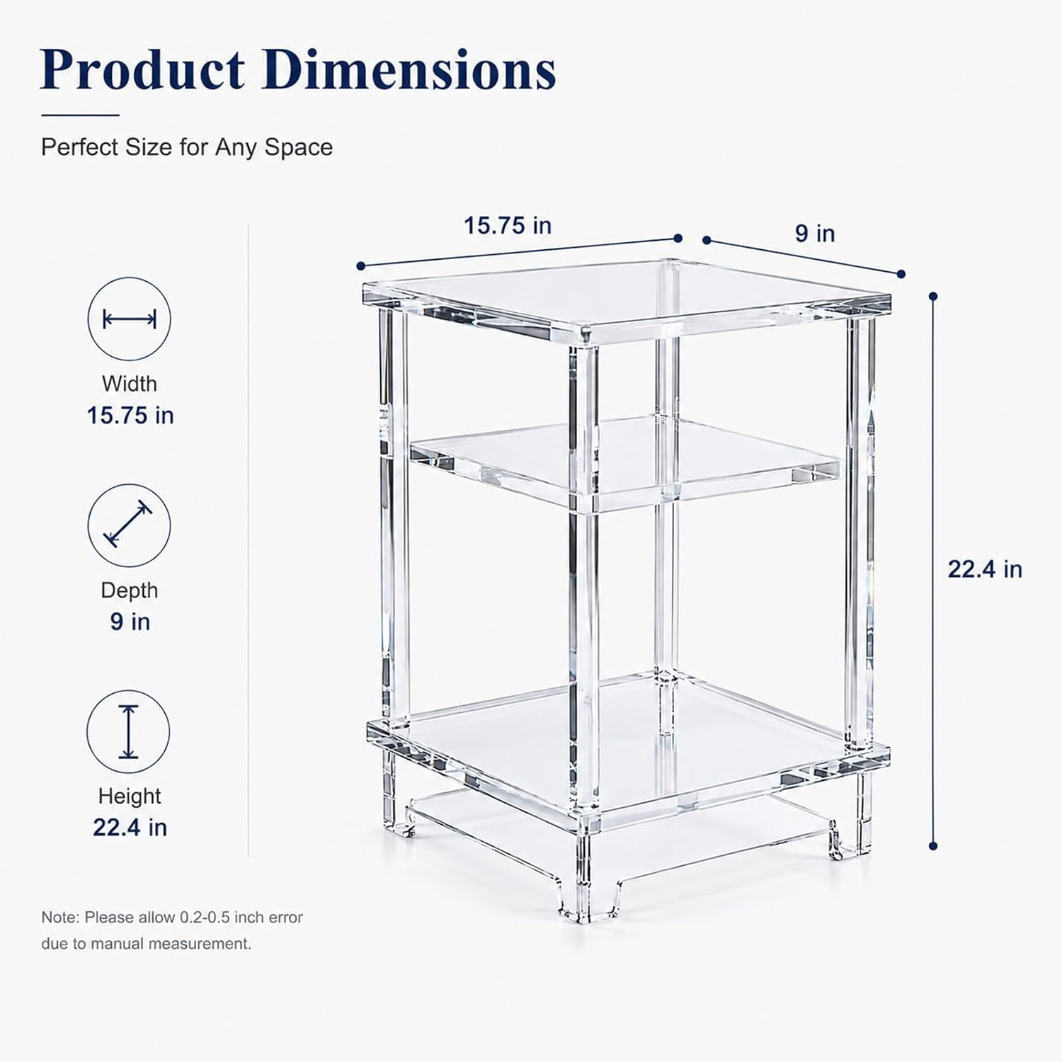 Thick Acrylic Side Shelf Table, 3-Tier Narrow Clear Acrylic End Table Nightstand, Square Transparent Small Coffee Table for Living Room Bedroom Small Space