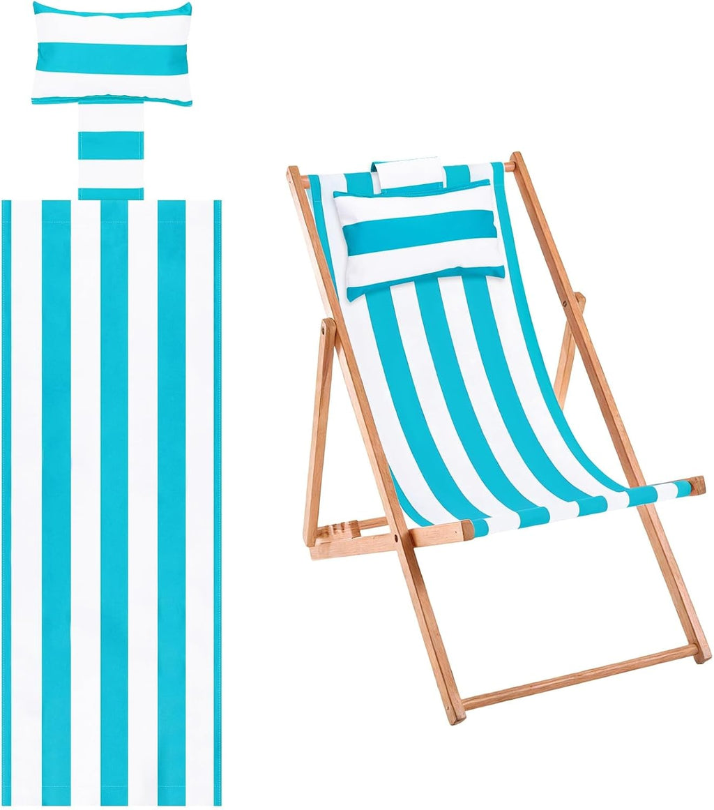 Beach Sling Chair Replacement Canvas, 16x44.5 Inch Folding Lounge Chair Fabric with Pillow for Beach/Sunbathing/Courtyard/Garden [Striped Sky Blue, Only Replacement]