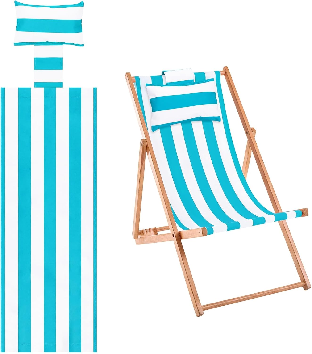 Beach Sling Chair Replacement Canvas, 16x44.5 Inch Folding Lounge Chair Fabric with Pillow for Beach/Sunbathing/Courtyard/Garden [Striped Sky Blue, Only Replacement]