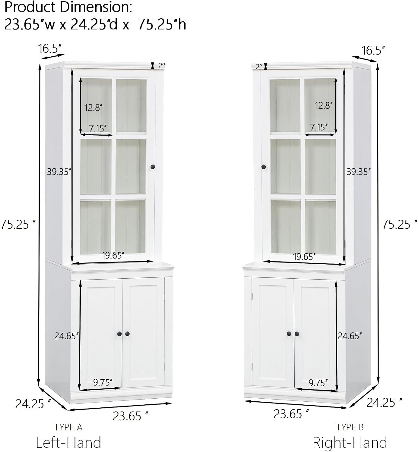 Havemies 75" Freestanding Pantry Cabinet with Glass Lattice Door, Large Farmhouse Kitchen Storage with Double-Action Hinges for Dry Food & Supplies, White