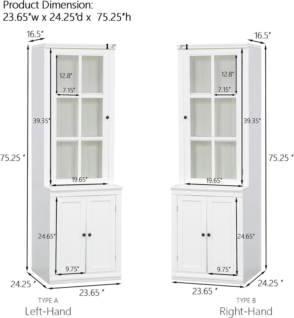 Chic 75.25'' White Freestanding Pantry Cabinet with Glass Door, Ideal for Kitchen & Living Room - Double-Action Doors for Easy Access!