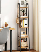 Hzuaneri Ladder Shelf, Bookshelf Bookcase, Freestanding Corner Storage Shelve with 2 Hooks for Home Office, Living Room, Kitchen, Bedroom, Industrial, 11.8" D x 13.4" W x 63" H, Rustic Brown BC03201B
