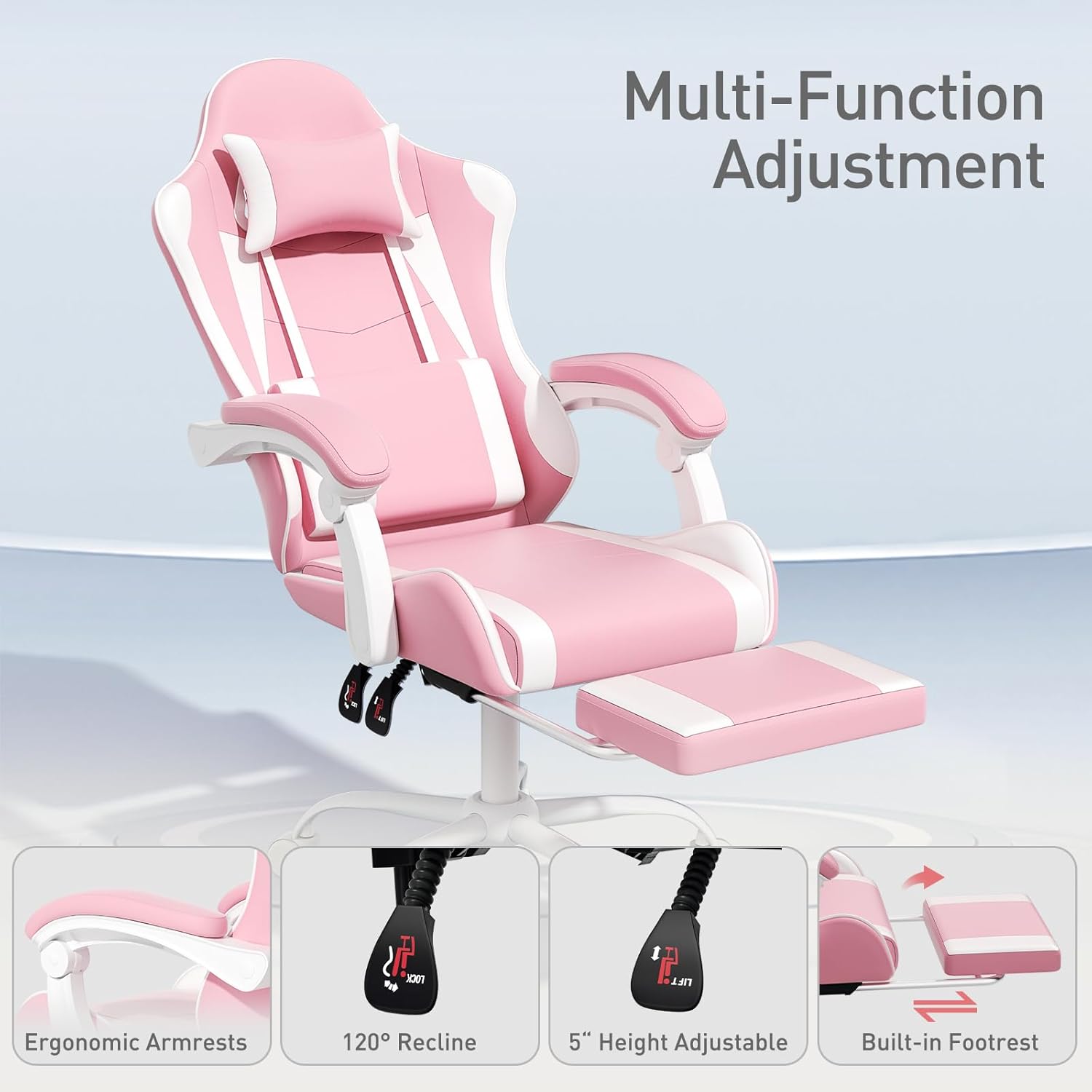 MoNiBloom Pink Gaming Chair with Headrest & Lumbar Support, Ergonomic Computer Desk Chair with Footrest, Adjustable Height Leather Racing Chair for Adults Teens Women Girl Gamer Office