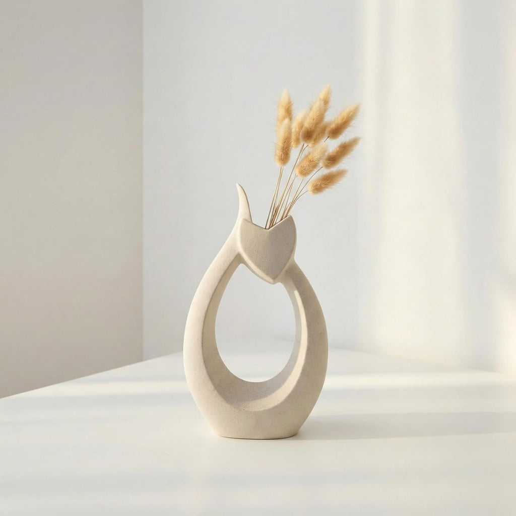 10" Ceramic Vase for Decor - Cute Abstract Cat Statue with Sandstone Texture, Modern Minimalist Boho Flower Vase for Dried Pampas Grass, Unique Heart Shape Lover Gifts for Women, Beige