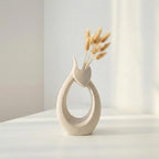 10" Ceramic Vase for Decor - Cute Abstract Cat Statue with Sandstone Texture, Modern Minimalist Boho Flower Vase for Dried Pampas Grass, Unique Heart Shape Lover Gifts for Women, Beige