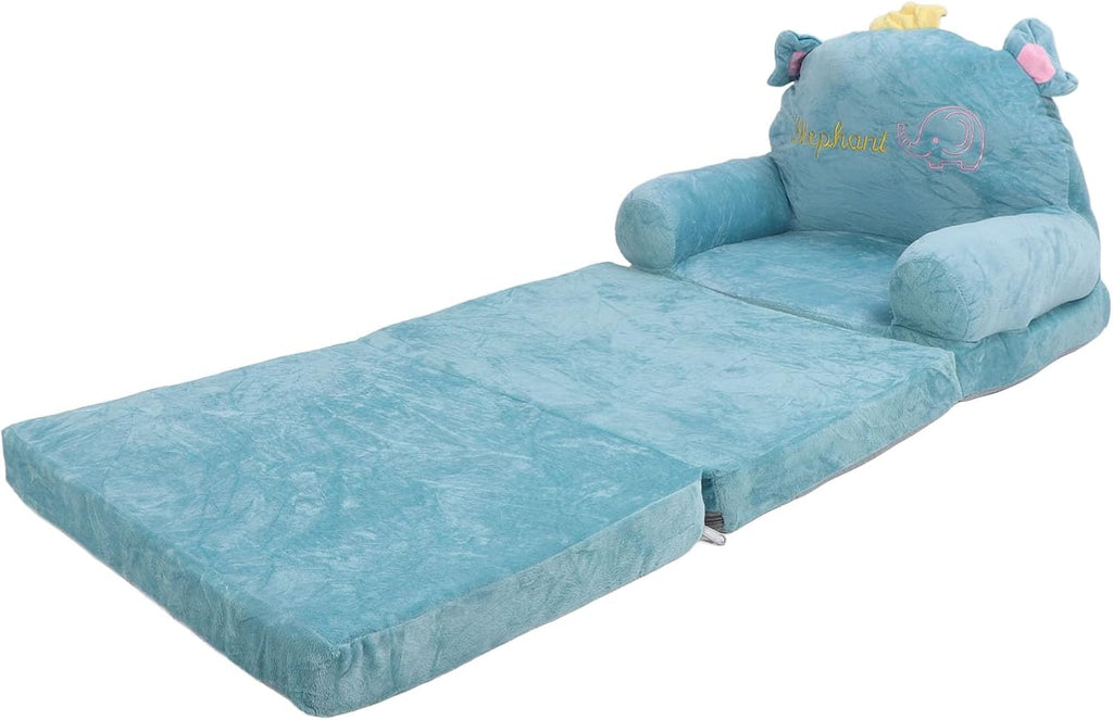 Foldable Kids Sofa, 2 in 1 Open Couch Sleeper for Children, Elephant Embroidery Pattern Comfy Sponge Sofa with Lightweight Portable Design for Bedrooms and Playrooms (Folding in Thirds)