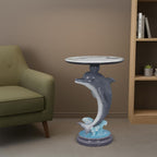 Artistic Dolphin Accent Table, Faux Marble Round Side Table, Playful Ocean Sculptural Pedestal End Table for Living Room Coastal Beach House Decor