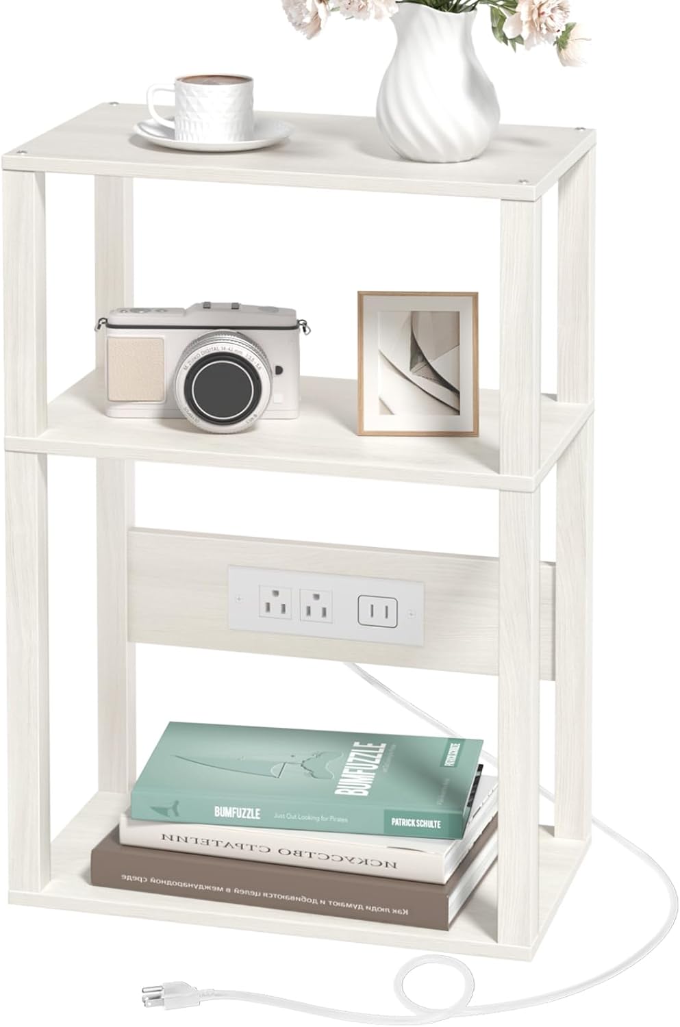YUFAM 3-Tier Small Narrow Wood Side Table with Charging Station, Skinny Nightstand for Small Space, Slim Bedside Table with Storage for Couch, Thin End Table with USB Ports and Outlets, Grey White