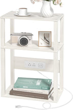 YUFAM 3-Tier Small Narrow Wood Side Table with Charging Station, Skinny Nightstand for Small Space, Slim Bedside Table with Storage for Couch, Thin End Table with USB Ports and Outlets, Grey White