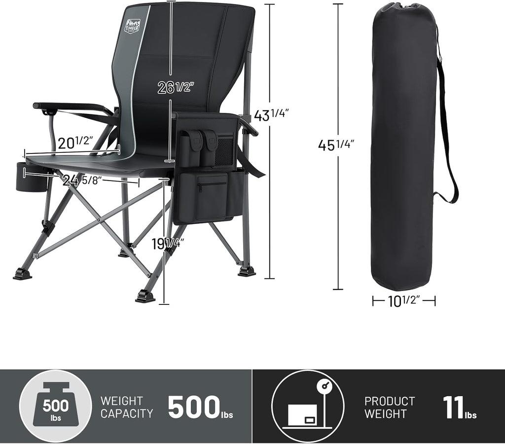 Timber Ridge Aluminum Oversized Camping Chair with Lumbar Support up to 500lbs, Heavy Duty Folding High Back Chair for Adults, Cup Holder, Cooler Bag, Side Pocket, 2 Pack