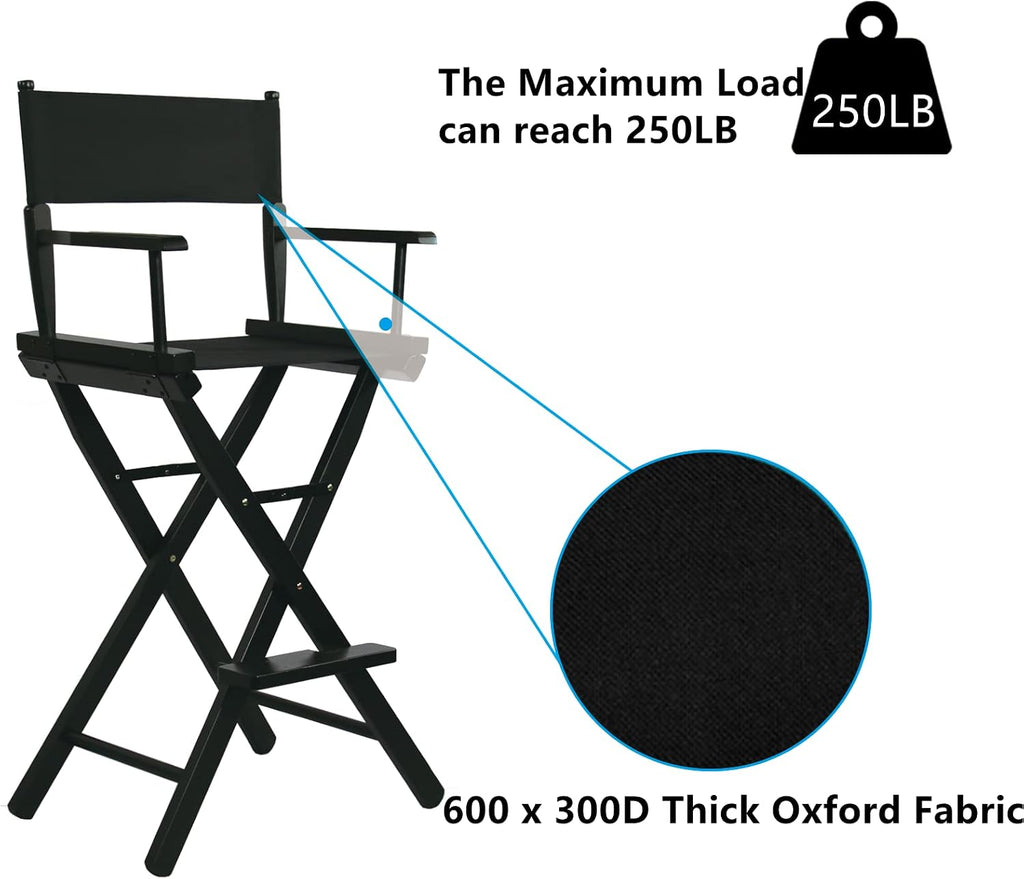 Tall Directors Chair Foldable 46'', Makeup Chair Black for Makeup Artist, 250lbs Capacity Solid Hardwood,Black
