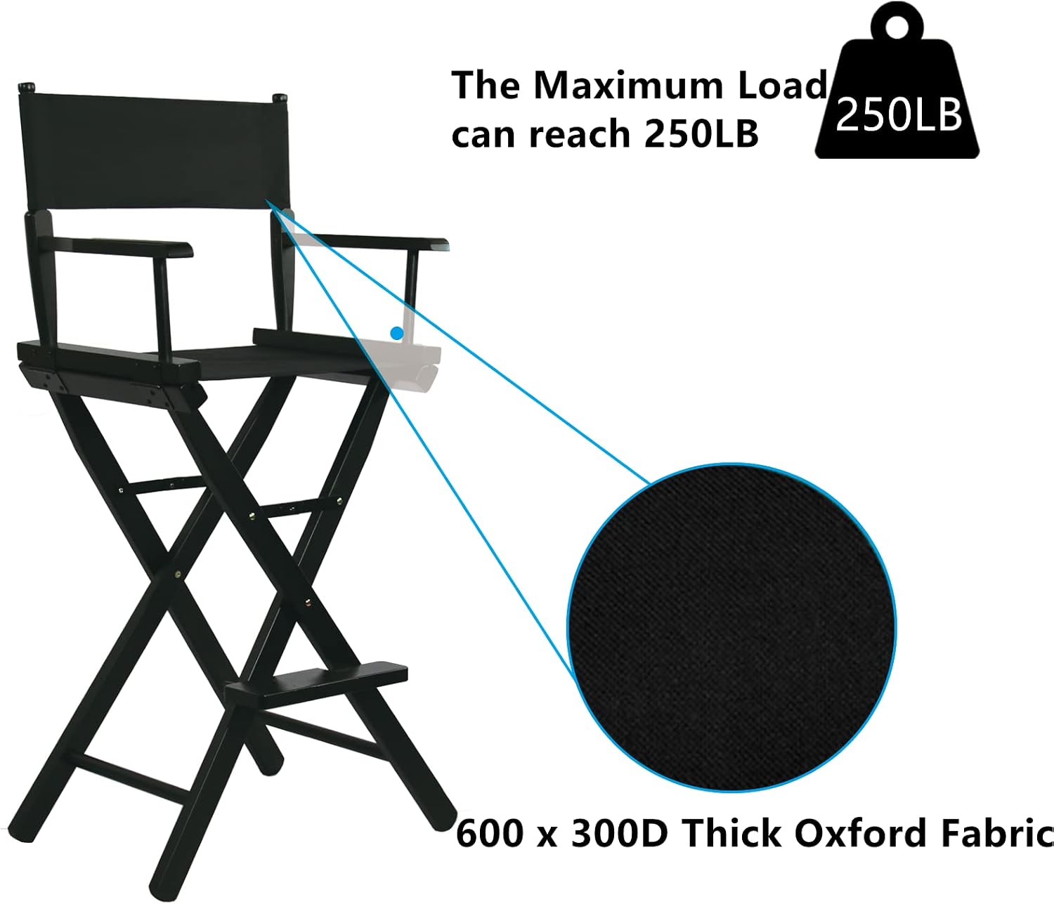 Tall Directors Chair Foldable 46'', Makeup Chair Black for Makeup Artist, 250lbs Capacity Solid Hardwood,Black