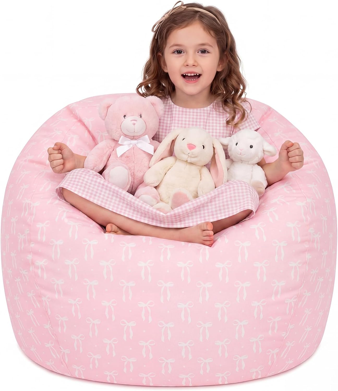 Pink Bow Bean Bag Cover for Kids 38 Inch Stuffed Animal Storage Bean Bag Chair Cotton Canvas Toy Storage Large Capacity Plush Toy Organizer for Playroom Bedroom Nursery