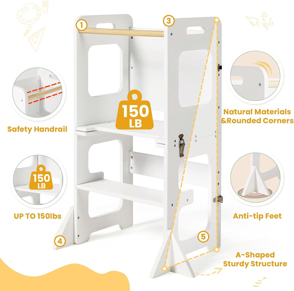 labebe 4-in-1 Toddler Kitchen Helper Tower with Chalkboard, Foldable Learning Standing Stool for Kids 18M+, Wooden Montessori Step Stool for Kitchen Counter, Bathroom Sink & Playroom
