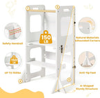 labebe 4-in-1 Toddler Kitchen Helper Tower with Chalkboard, Foldable Learning Standing Stool for Kids 18M+, Wooden Montessori Step Stool for Kitchen Counter, Bathroom Sink & Playroom