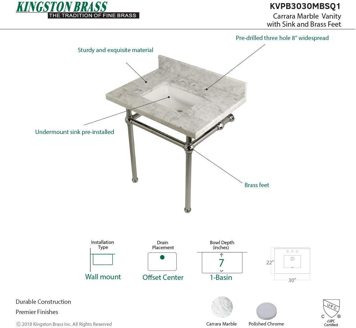 Kingston Brass KVPB3030MBSQ1 Templeton 30" x 22" Carrara Marble Vanity Top with Brass Console Legs, Carrara Marble/Polished Chrome