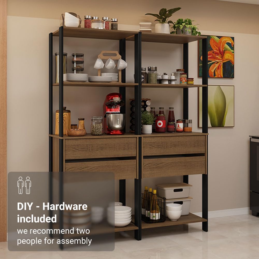 Madesa Kitchen Pantry Storage Rack with 4 Drawers and 6 Open Shelves 55" L Multiuse Modular Cabinet for Kitchen Organization - Black/Brown