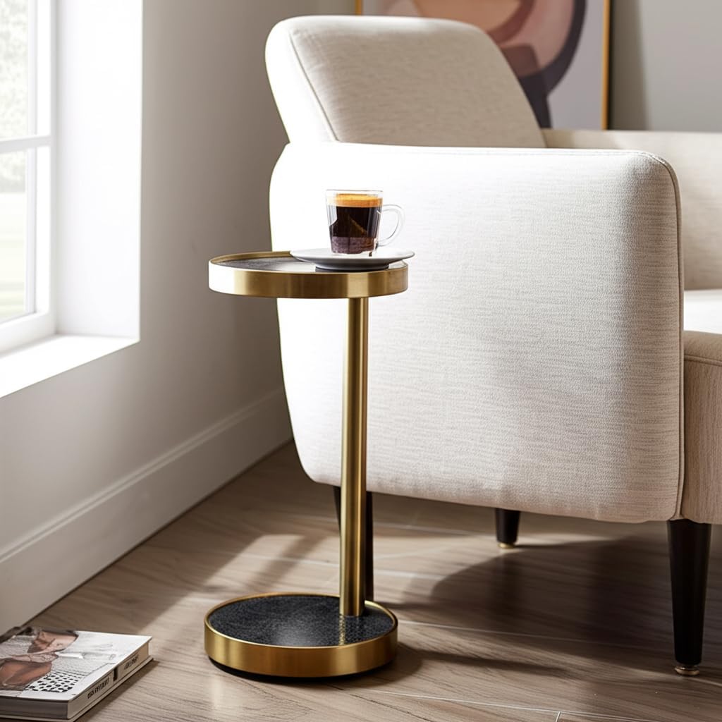 Slim End Table, Side Table, or Night Stand for Home Decor - Elegant Metal Drink Table with Marble Top for Office, Living Room, or Bedroom Decor - A Compact Accent for Small Spaces - 23" Black & Gold
