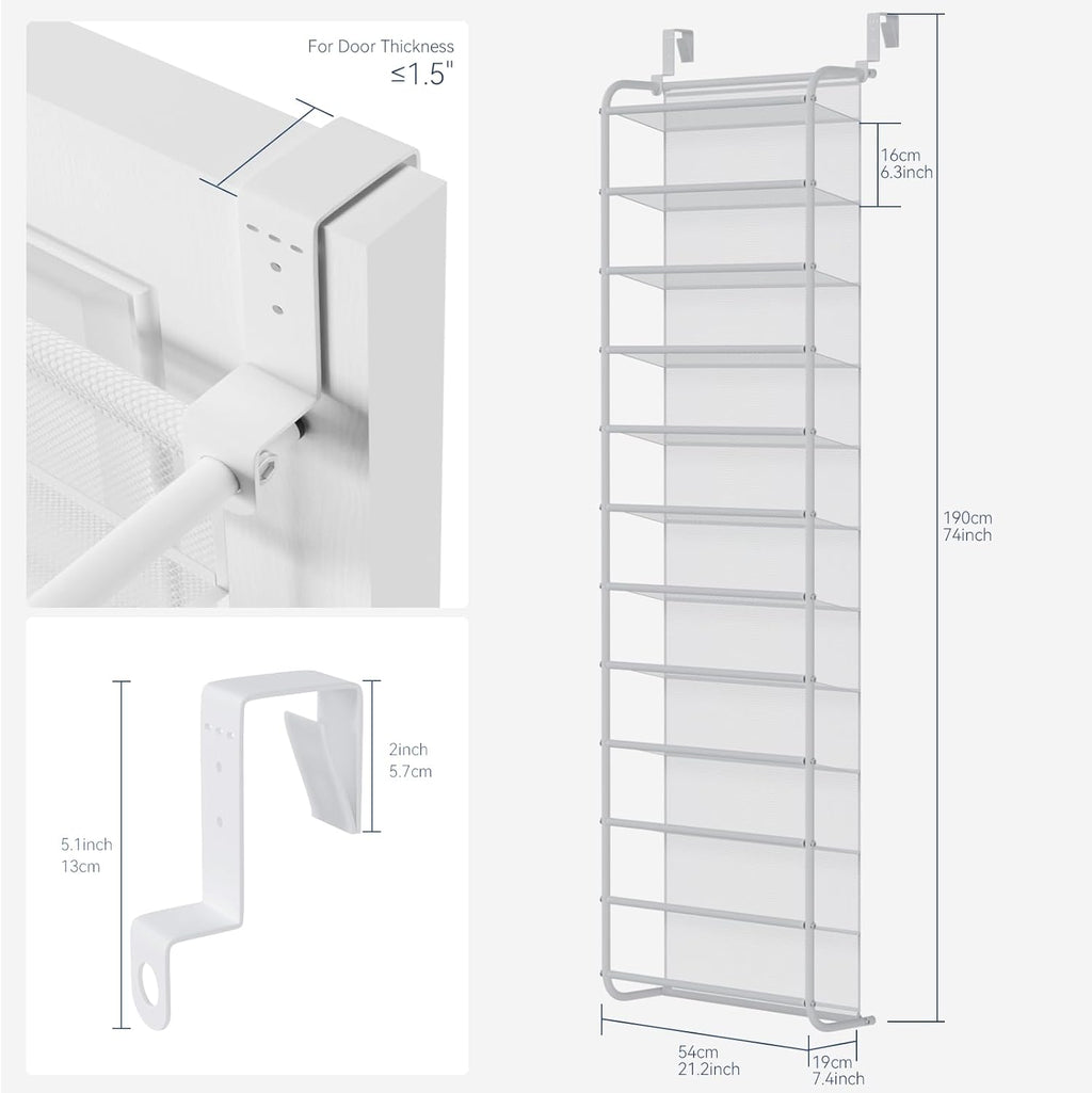 Whitmor 36 Pair Over The Door Shoe Organizer, 12 Tier Hanging Shoe Organizer, Heavy Duty Metal & Mesh Shoe Holder, Hanging Shoe Rack for Closet Organizer & Storage, 74"H x 21.7"W x 7.5"D, White