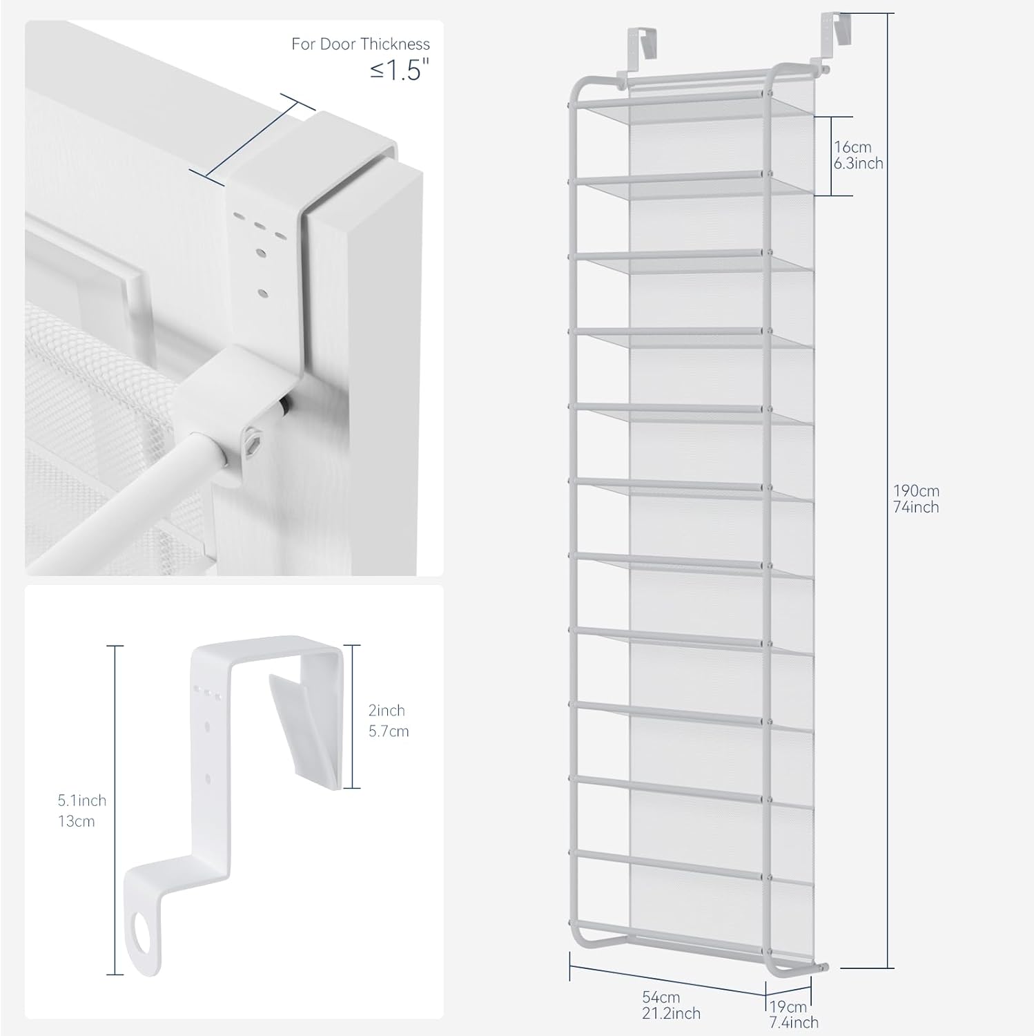 Whitmor 36 Pair Over The Door Shoe Organizer, 12 Tier Hanging Shoe Organizer, Heavy Duty Metal & Mesh Shoe Holder, Hanging Shoe Rack for Closet Organizer & Storage, 74"H x 21.7"W x 7.5"D, White