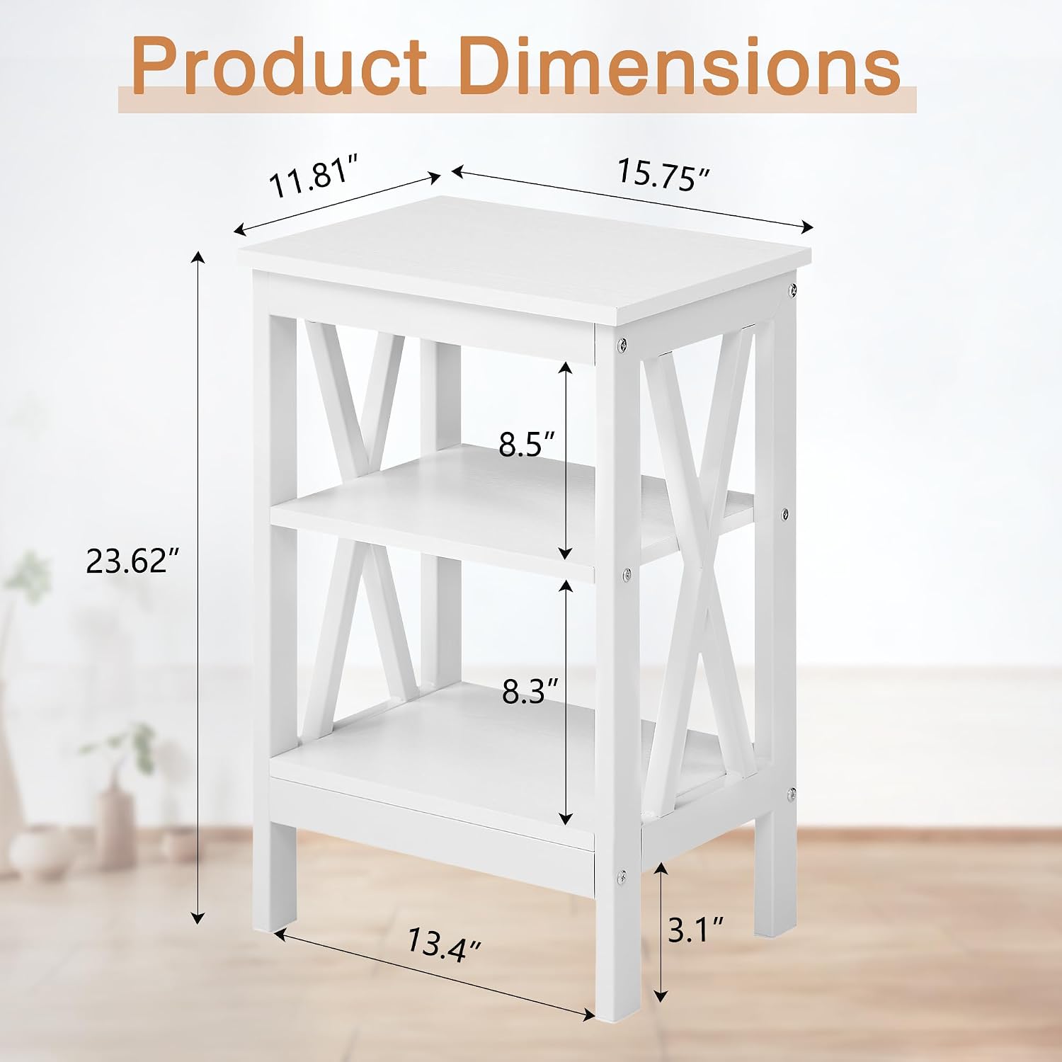 VECELO End Table Set of 2, Bedside Table, 24" Tall Living Room End Tables, X-Design Reinforced Nightstands, Side Table with 3-Tier Storage Shelves for Small Spaces, Office, Bathroom, Bedroom, White