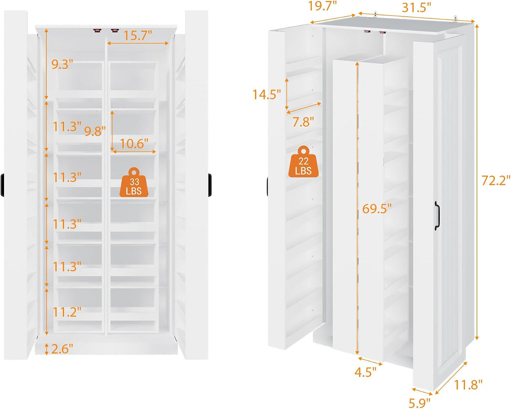FUFU&GAGA Kitchen Pantry Cabinet Food Pantry with Door Racks & Rotating Racks, Drawers, Tall Kitchen Storage Cabinet with Shelves, Cupboard Bar Storage, White, 31.5”W x 19.7”D x 72.2”H