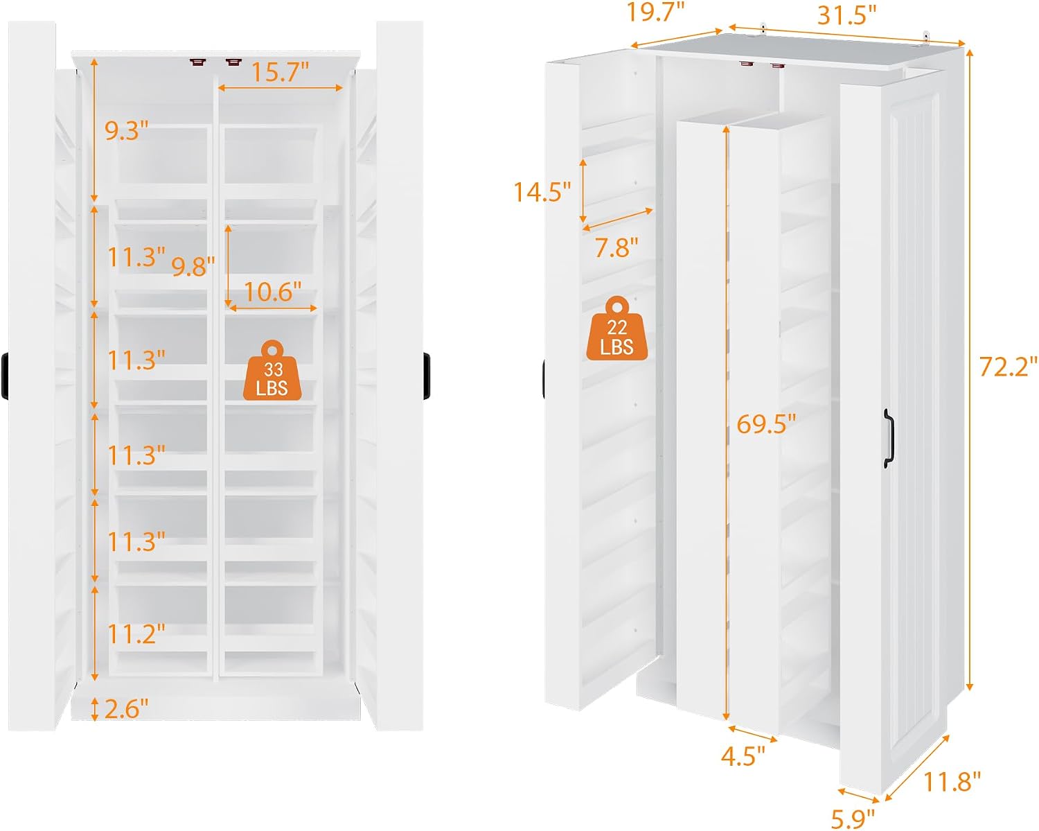 FUFU&GAGA Kitchen Pantry Cabinet Food Pantry with Door Racks & Rotating Racks, Drawers, Tall Kitchen Storage Cabinet with Shelves, Cupboard Bar Storage, White, 31.5”W x 19.7”D x 72.2”H