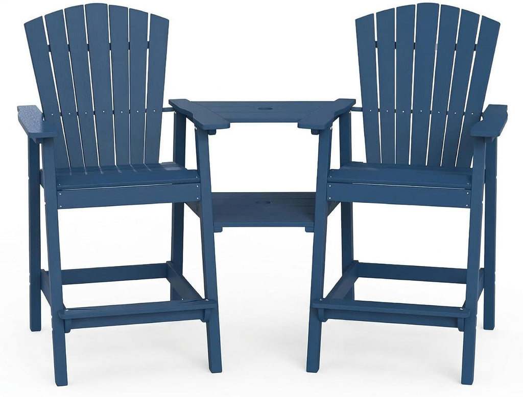 Kingdura Tall Adirondack Chairs Set of 2 with Removable Connecting Tray & 2" Umbrella Hole, Weather-Resistant HDPE Bar Height Outdoor Chairs, Wood-Look Balcony Bar Stools for Patio, Deck (Navy Blue)