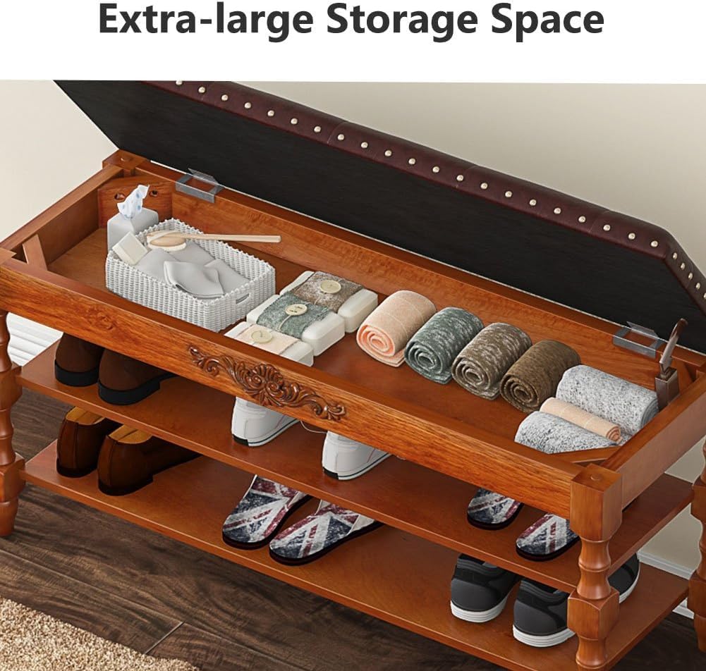Tribesigns Solid Wood Shoe Bench with Cushion 2 Tier Lift Top, Storge Shoe Bench with Rack for Entryway, 8-10 Pair Shoe Organizer with Hidden Compartment for Hallway, Bedroom, Living Room