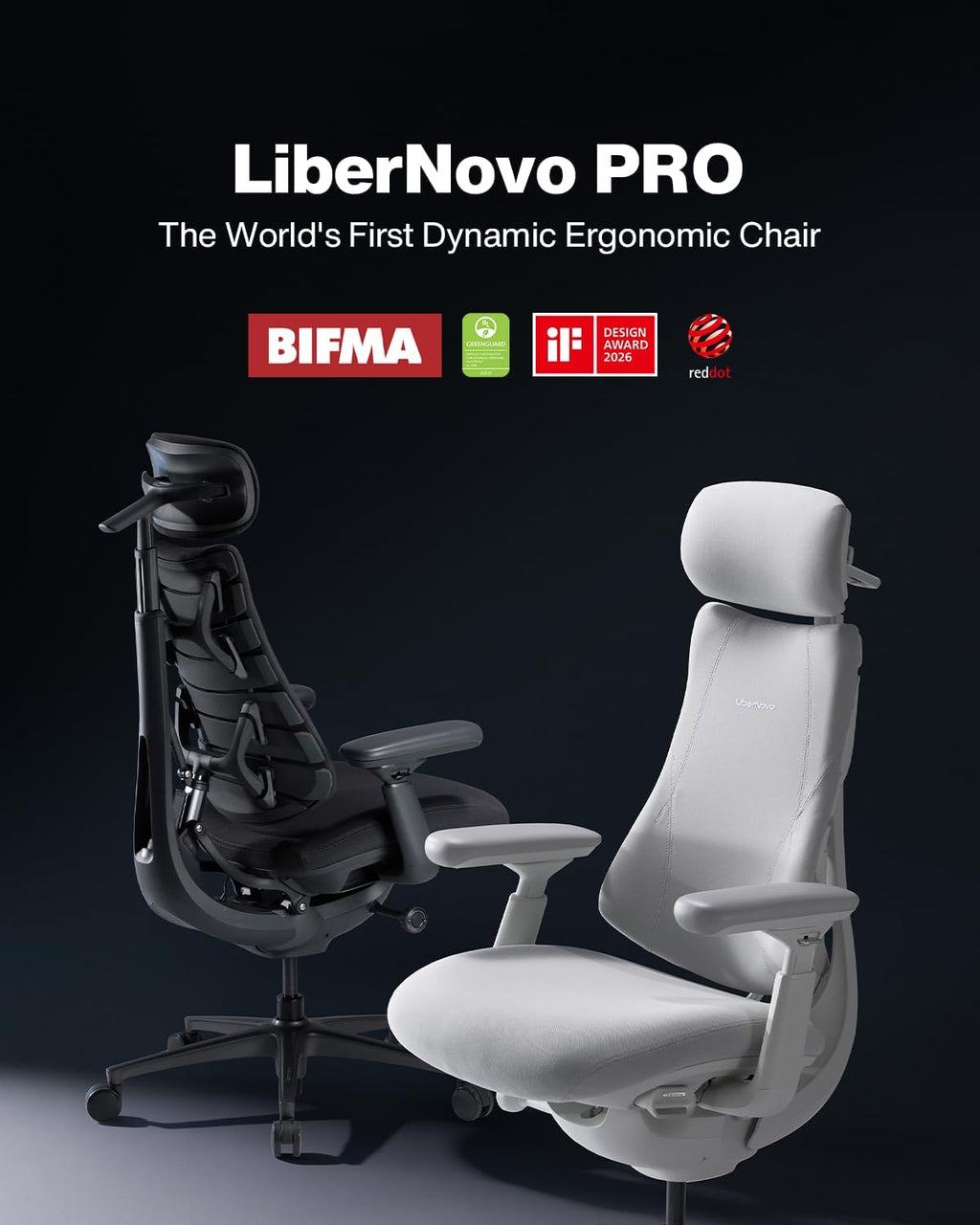 LiberNovo PRO Airflow Dynamic Ergonomic Chair with Footrest, Active Airflow Seat Ventilation, 2 Fan Speeds, Instant Cooling for Long-Lasting Comfort, 5 Recline, Built-in Spine Stretch, Graphite, 48cm