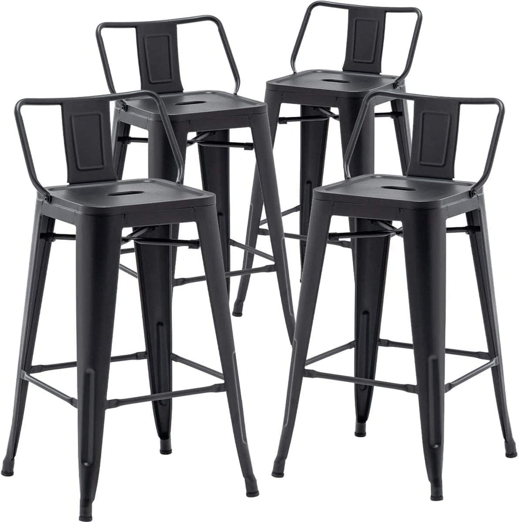 Aklaus 26" Metal Bar Stools with Backs Heavy Duty Bar Stools Counter Bar Height Stools Bar Chair Set of 4,26 Inches Outdoor Tall barStools for Kitchen Counter Matte Black
