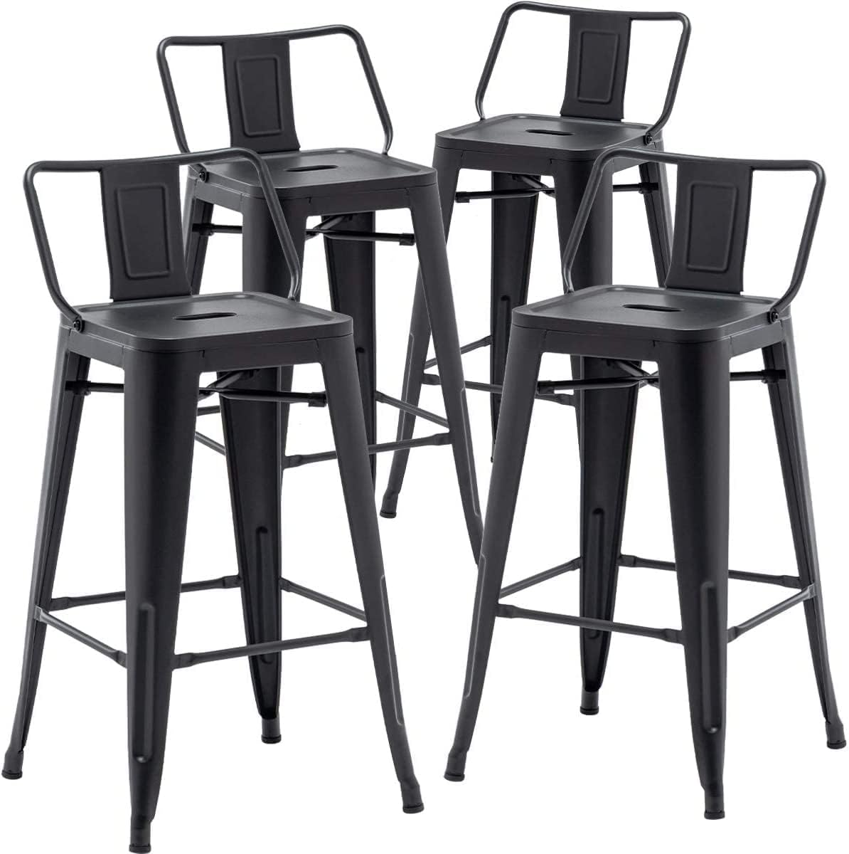 Aklaus 26" Metal Bar Stools with Backs Heavy Duty Bar Stools Counter Bar Height Stools Bar Chair Set of 4,26 Inches Outdoor Tall barStools for Kitchen Counter Matte Black