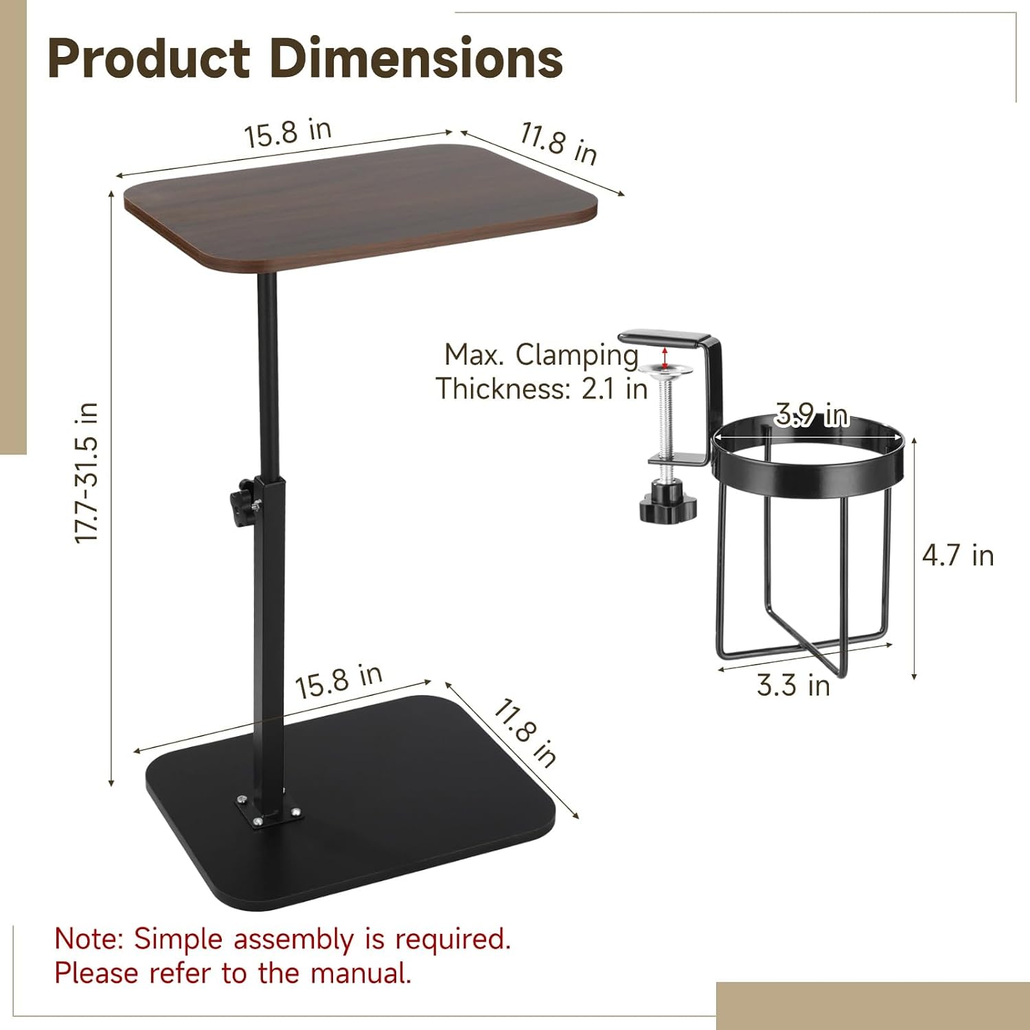 Rotating C Shaped Side Table with Cup Holder, Adjustable Height Sofa Side Table, 360 Swivel Tray Table, Slide Under Couch End Table for Bedside, Laptop, Small Space