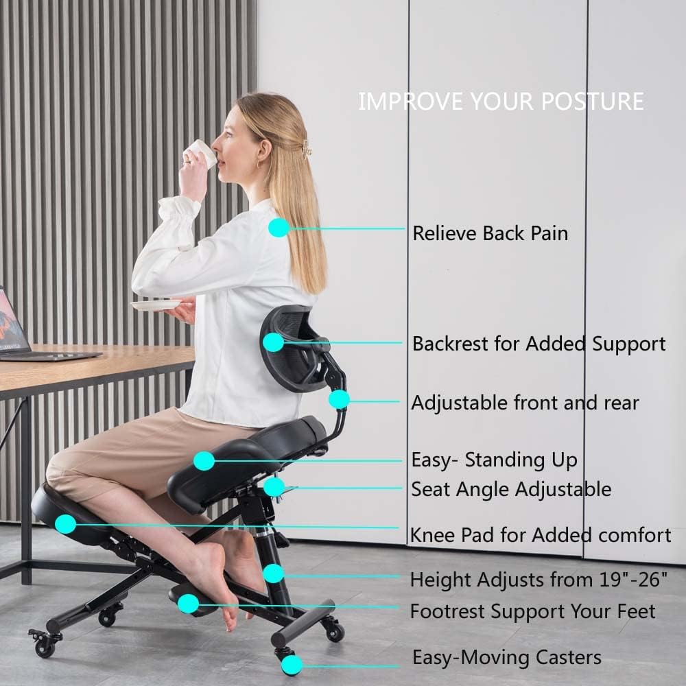 Ergonomic Kneeling Chair with Back Support and Wheels, Adjustable Balance Chair for Office and Home, Black