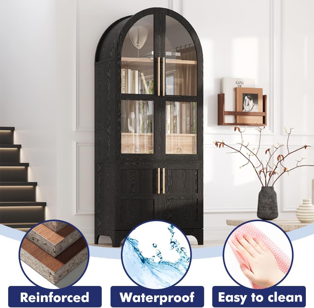 71" Tall Arched Kitchen Pantry Cabinet with Adjustable Shelves & Large Drawers, Arched Bookshelf with Storage Cabinet & Glass Doors, Wooden Versatile Cupboard for Dining Room (Black)