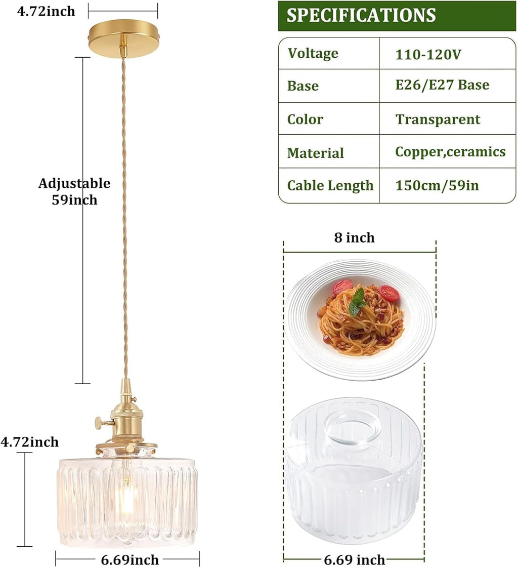 Shenmoyl Pendant Light 2 Pack with Clear Striped Glass Lmapshade, Brass Vintage Pendant Light Adjustable Hanging Light for Kitchen Island Dining Room Hallway