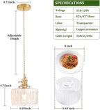 Shenmoyl Pendant Light 2 Pack with Clear Striped Glass Lmapshade, Brass Vintage Pendant Light Adjustable Hanging Light for Kitchen Island Dining Room Hallway
