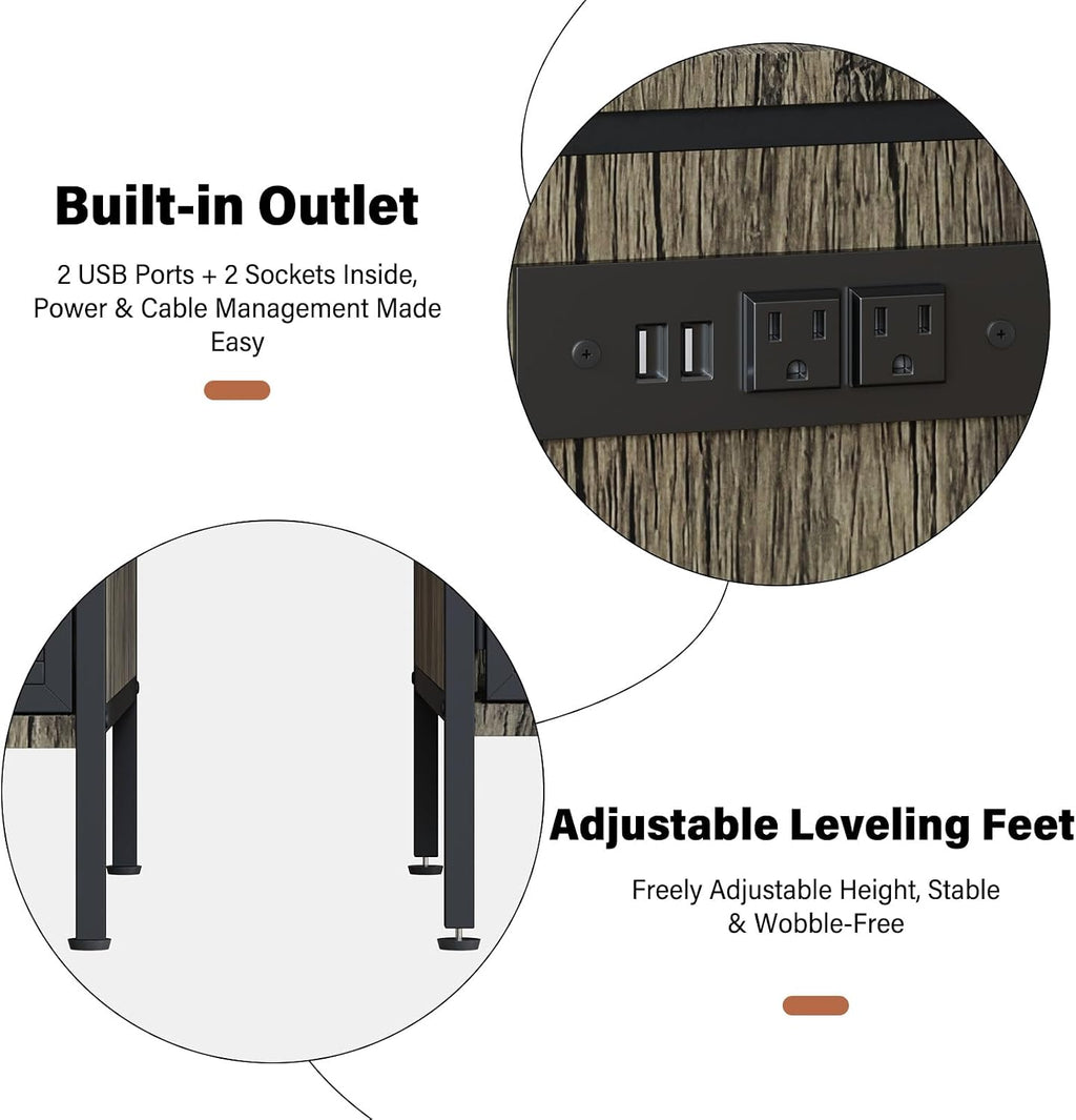 End Table with USB Charging Hub & Storage Pocket, Modern Metal Side Table Adjustable Feet for Bedside, Living Room