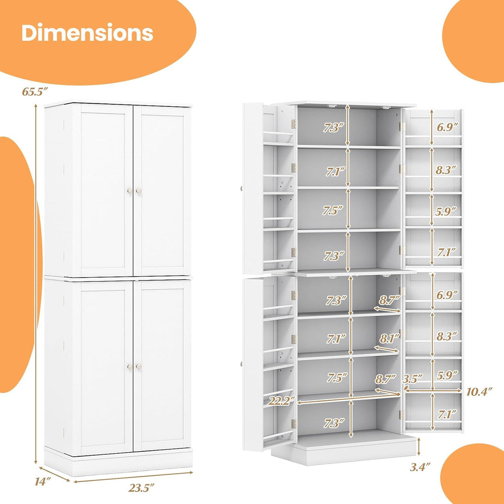 65.5" Kitchen Pantry Cabinet, Freestanding Storage Cabinet with Doors and Adjustable Shelves, 16-Tier Door Shelves with Baffle, Wooden Buffet Cupboard for Dining Room Living Room (White)