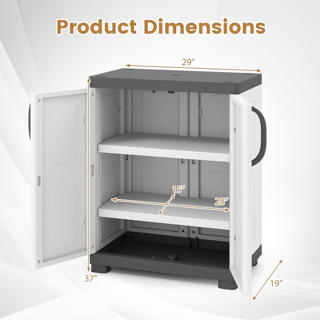 Giantex Storage Cabinet with 2 Doors and Adjustable Shelves, Modern Plastic Base Garage Organizer, Floor Sideboard for Kitchen, Dining Room, Bathroom (Wide-29"x19"x37",White+Grey)