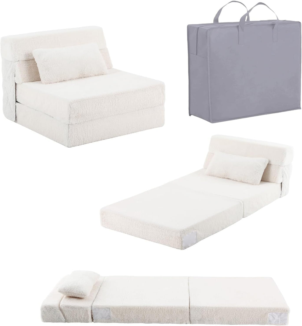 Tiita Convertible Folding Kids Sofa Bed with Pillow & Storage Bag, Plush Fabric Floor Mattress Couch Bed, Washable Cover, Kids Room, Playroom, Dorm, Apartment, Beige
