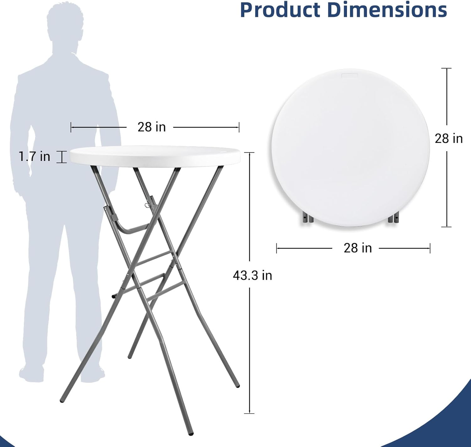 Byliable Cocktail Table 28in Folding Round High Top Indoor Outdoor with Removable Legs, Tall Bistro Foldable Bar Height Table for Parties, Patio, Backyard, Dining, Wedding, White- 2PCS
