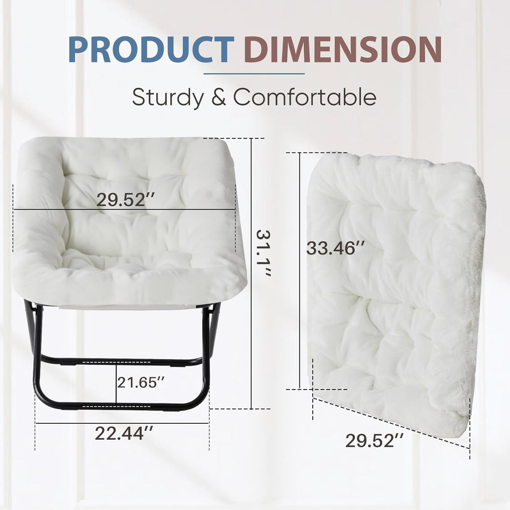 DUMOS Saucer Chair, Cozy Faux Fur Folding Chair with Sturdy Black Metal Frame, Soft Plush Padded Square Lounge for Bedroom Living Room Dorm, Anti-Slip Portable Accent, White