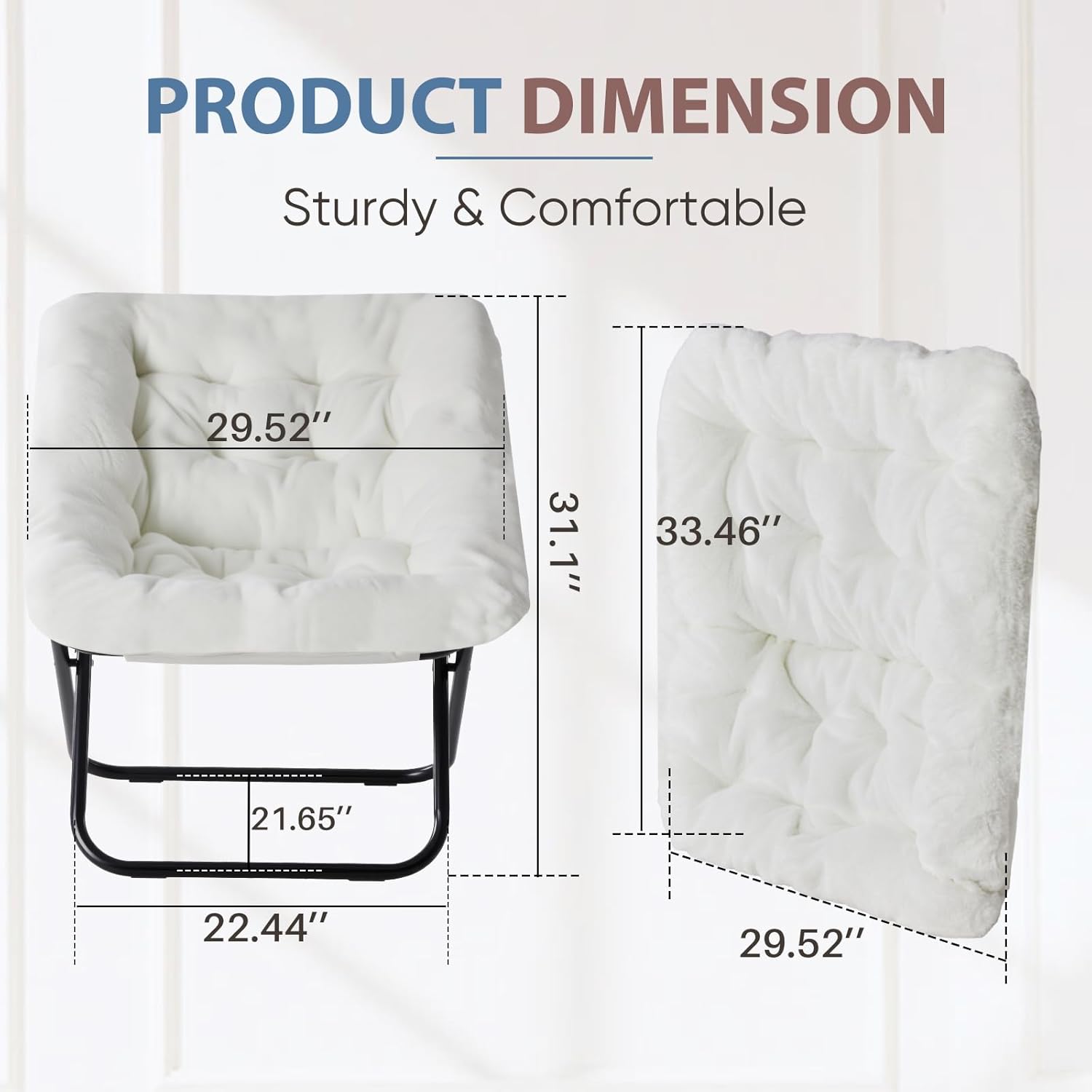 DUMOS Saucer Chair, Cozy Faux Fur Folding Chair with Sturdy Black Metal Frame, Soft Plush Padded Square Lounge for Bedroom Living Room Dorm, Anti-Slip Portable Accent, White