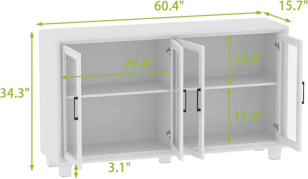 AIEGLE Sideboard Buffet Cabinet with Storage, Kitchen Sideboard with Glass Doors, 60.4" Coffee Bar with Rubber Wood Legs & Shelves, Storage Cabinet for Living Room, White