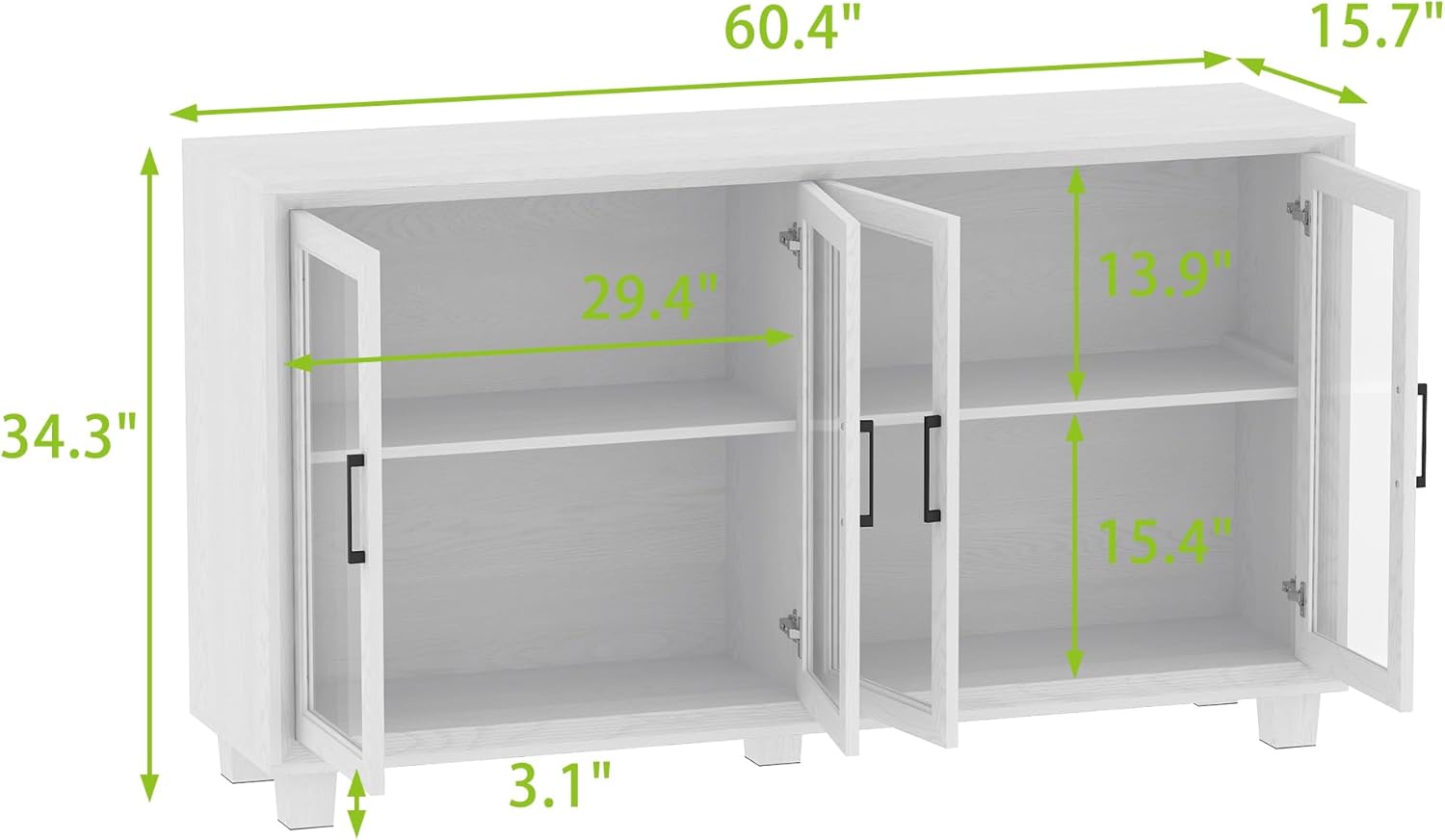 AIEGLE Sideboard Buffet Cabinet with Storage, Kitchen Sideboard with Glass Doors, 60.4" Coffee Bar with Rubber Wood Legs & Shelves, Storage Cabinet for Living Room, White
