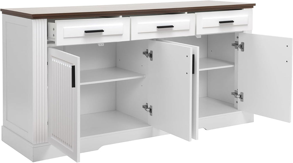 63" Fluted Sideboard Buffet with 4 Doors & 3 Drawers, Large Modern Farmhouse Accent Credenza with Adjustable Shelves for Kitchen, Dining Room, Living Room (White)