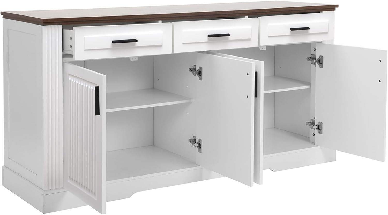 63" Fluted Sideboard Buffet with 4 Doors & 3 Drawers, Large Modern Farmhouse Accent Credenza with Adjustable Shelves for Kitchen, Dining Room, Living Room (White)